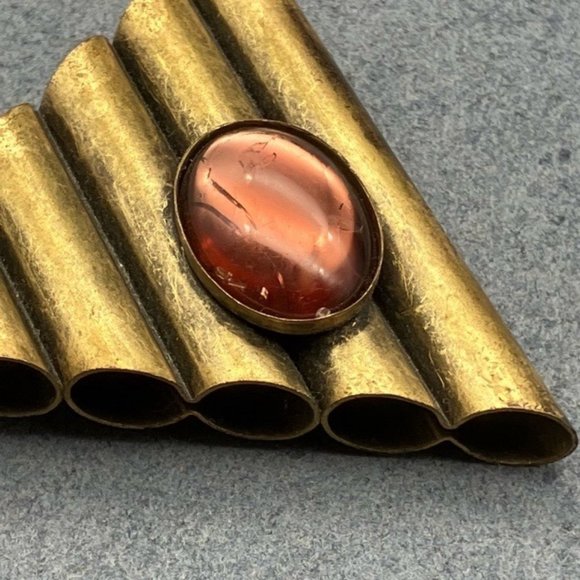 Brass Pin Brooch Tubes Triangle Red Oval Rhinestone 80s Retro MCM Vintage Granny - Picture 4 of 6